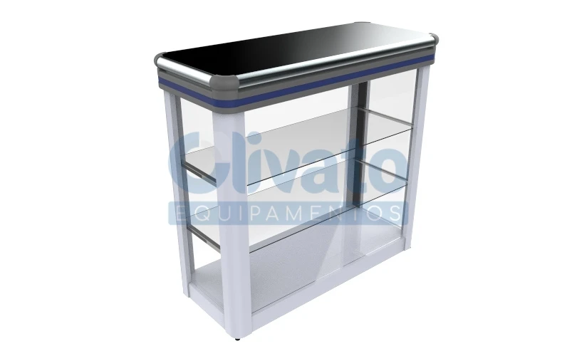 Balcão Vitrine Luxo - Tampo Aço Inox - Prateleira em Vidro